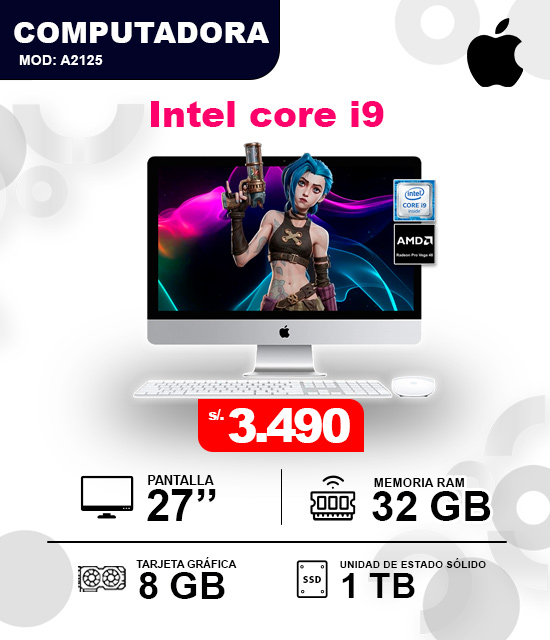 Apple Intel Core i9 Computadora Todo en Uno Apple iMac modelo A2125 Intel Core i9 con 32GB RAM, 1TB SSD y gráficos AMD Radeon Pro Vega por 3490 soles.