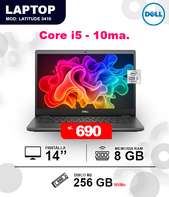 Dell Intel core i5 - 10ma. Generación Laptop Dell Latitude Intel Core i5 de 10ma generación con 8GB RAM y 256GB SSD precio 690 soles en Lima.