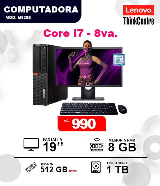 Lenovo Intel Core i7 - 8va. Generación Computadora de escritorio Lenovo ThinkCentre M920S Intel Core i7 de 8va generación con 8GB RAM, 512GB SSD y 1TB HDD por 990 soles.