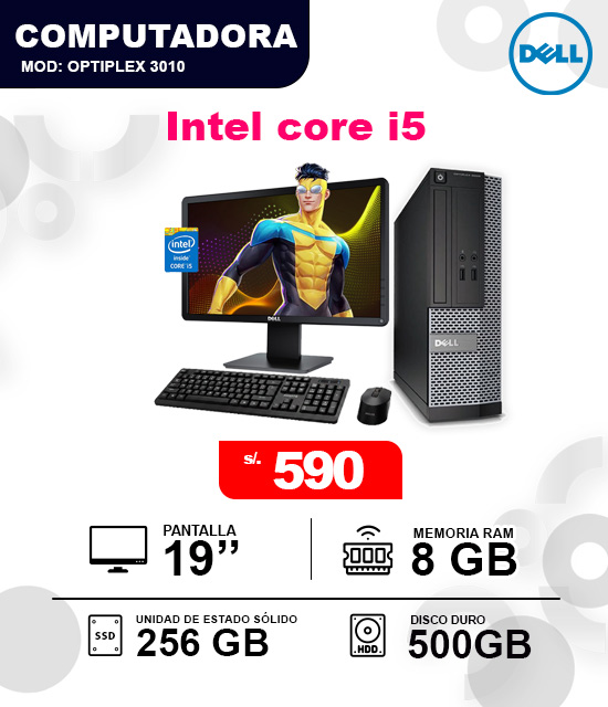 Dell Intel Core i5 omputadora de escritorio Dell OptiPlex 3010 Intel Core i5 con 8GB RAM, 256GB SSD y 500GB HDD por 590 soles.