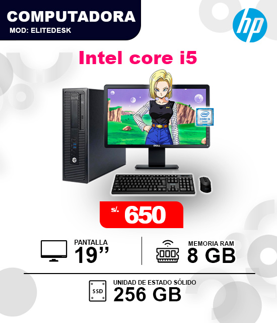 HP Intel Core i5 Computadora de escritorio HP EliteDesk Intel Core i5 con 8GB RAM y 256GB SSD por 650 soles.