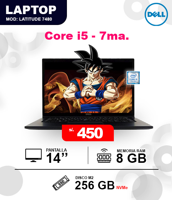 Dell Intel Core i5 - 7ma. Generción Laptop Dell Latitude 7480 Intel Core i5 7ma generacion 8GB RAM 256GB SSD NVMe precio 450 soles.