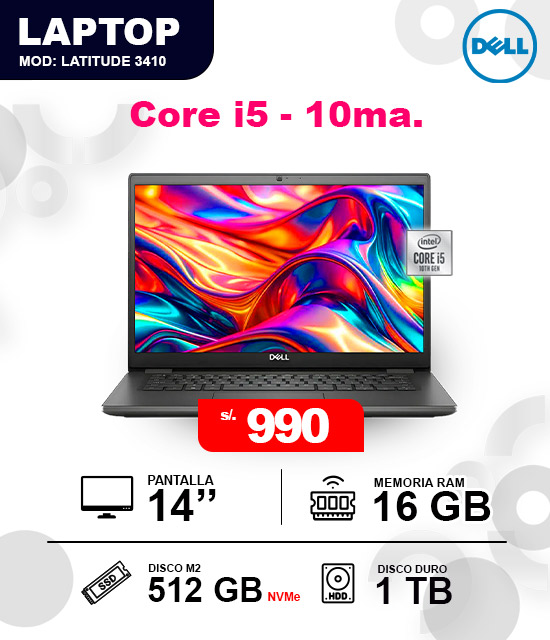 Dell Intel core i5 - 10ma. Generación Laptop Dell Latitude 3410 Intel Core i5 de 10ma generación con 16GB RAM, 512GB SSD y 1TB HDD por 790 soles.