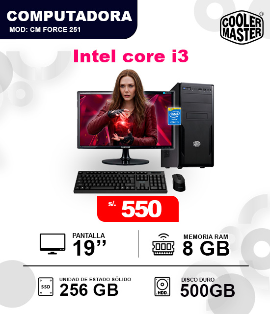 Cooler Master Intel Core i3 Computadora de escritorio Cooler Master CM Force 251 Intel Core i3 con 8GB RAM, 256GB SSD y 500GB HDD por 550 soles.