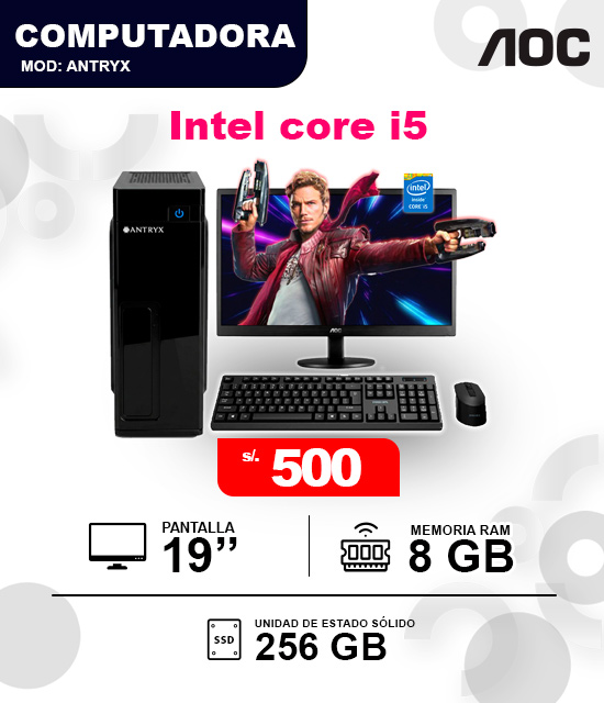 AOC Intel Core i5 Computadora de escritorio Antryx con monitor AOC Intel Core i5 de 8GB RAM y 256GB SSD por 500 soles.